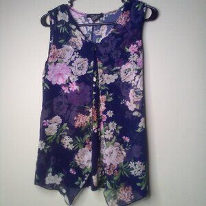 Adele & May Blouse Shirt S Sleeveless Flowing Soft Stretch Floral Blue Pink